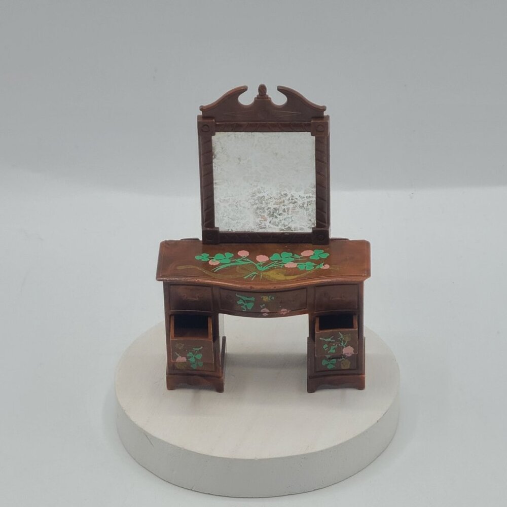 Vintage Renwal Vanity Mirror Dollhouse Furniture With Floral Details & Distresse
